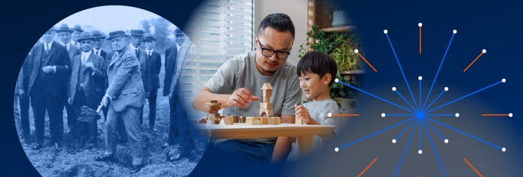 Navy blue background image with historical MassMutual image in one decorative circle, a father and son playing together in another decorative circle with a firework illustration to the right hand side.