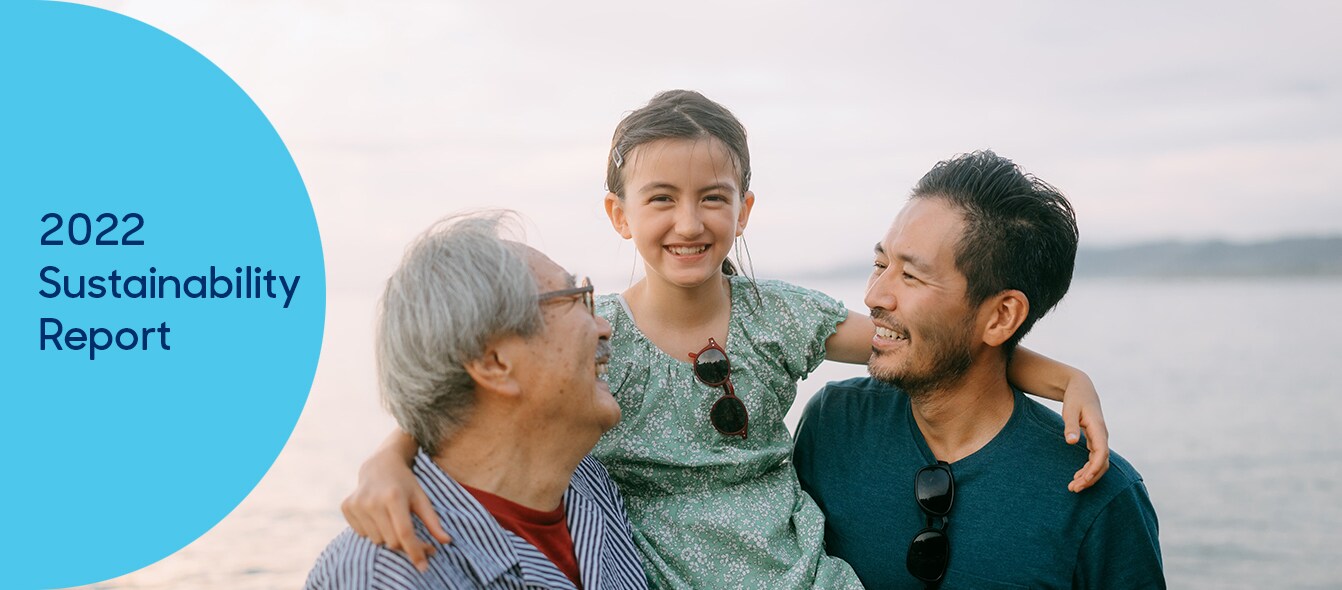 A grandfather and father hold a young girl up between them. Light blue circle overlay on the left with text "2022 Sustainability Report"