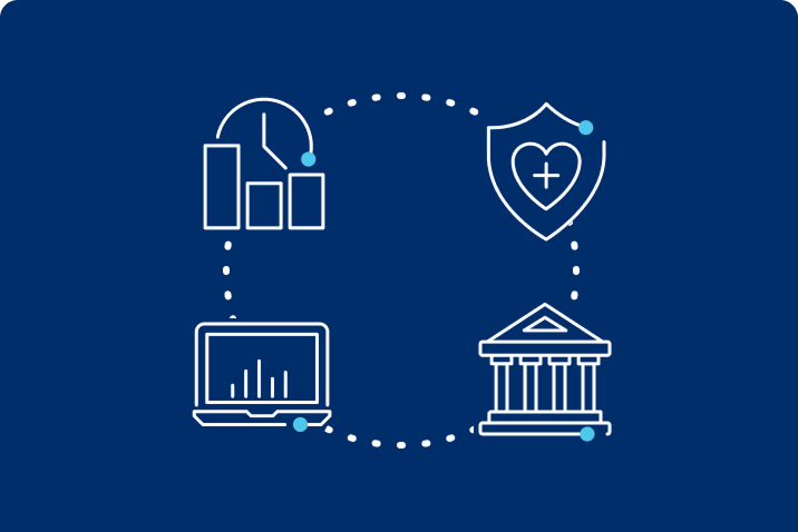 Icon: Blue box with a chart in the top left corner, a shield with a heart and a cross in it in the top right corner, a laptop showing a bar chart in the lower left corner, and a building in the lower right corner.