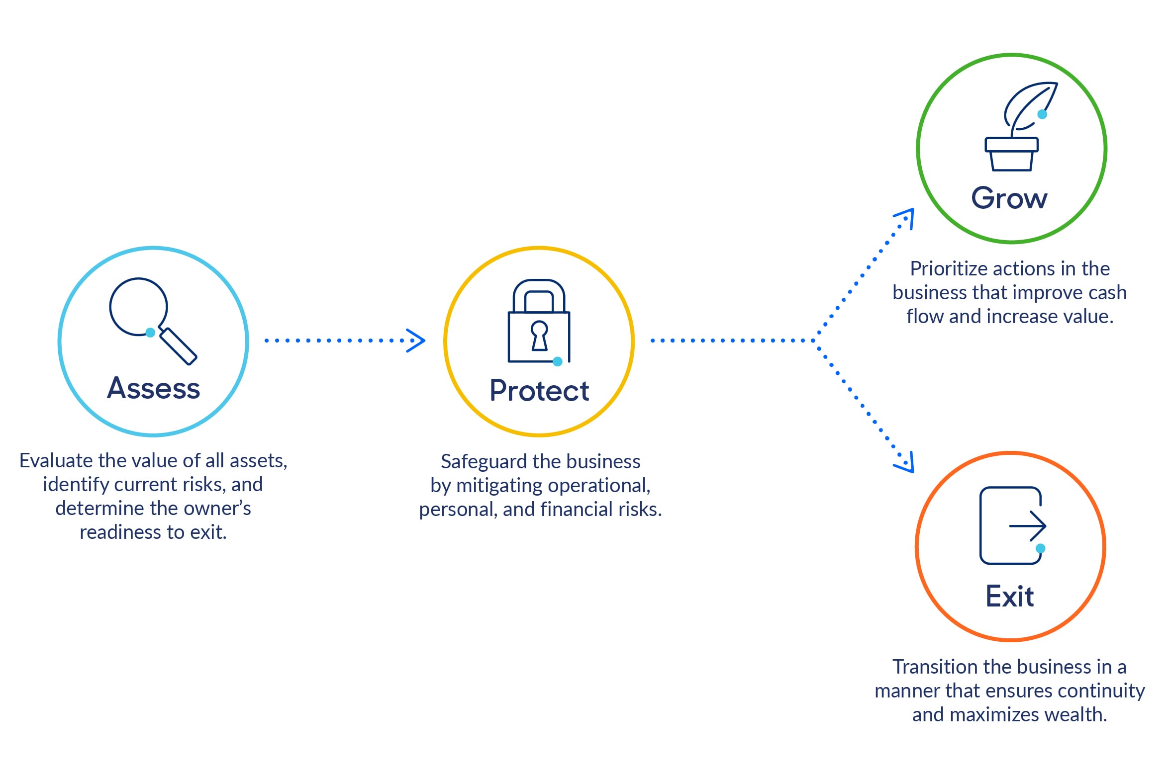 Flow chart showing the different stages of your business: assess, protect, grow, and exit.