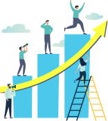 graphic of bar graph with cartoon people standing at the top of the bar and an arrow swooping upward.