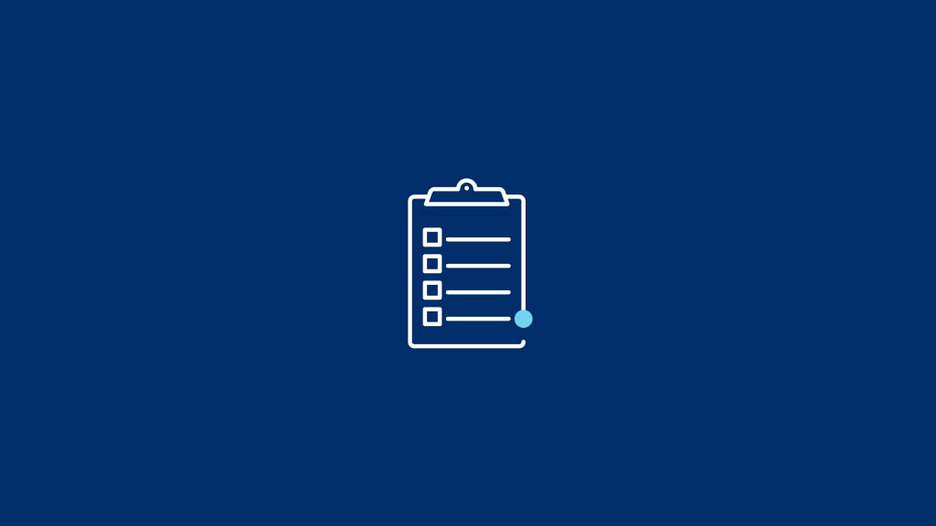 Icon image of a clipboard with a checklist and a navy blue background 