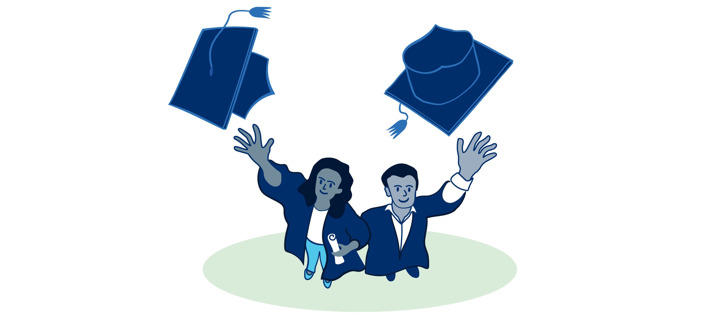 illustration of two college graduates throwing graduation cap into the sky