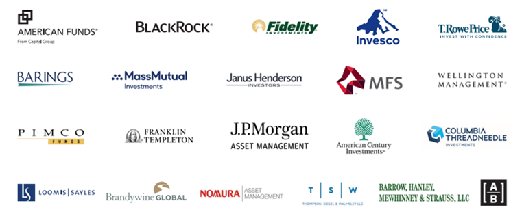 Logos of fund management companies who work with MassMutual Envision: Invesco, Barings, Nomura, Loomis Sayles, Franklin Templeton, MassMutual Investments, Wellington Management, BlackRock, Janus Henderson Investors, Fidelity Investments, Gateway Investment Advisers, Brandywine Global, MFS, Barrow Hanley Mewhinney and Strauss LLC, PIMCO, American Century Investments, TCW, Vest, A/B, TSW, American Funds, Columbia Threadneedle, Macquarie, T. Rowe Price