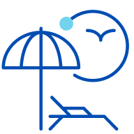 Illustration: Blue beach umbrella and lounging beach chair under a sun