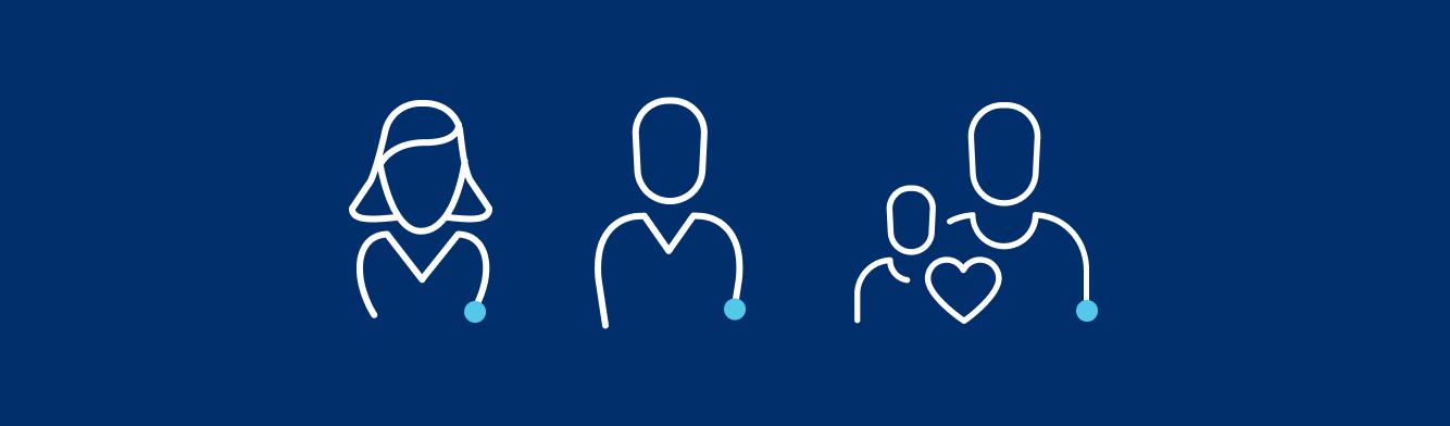outline of a woman, male, and family of two with heart